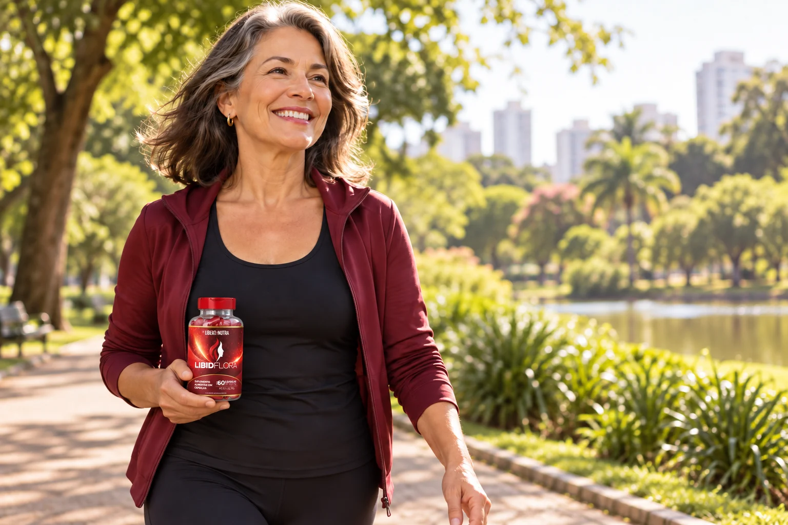 Mulher madura sorridente durante atividade ao ar livre